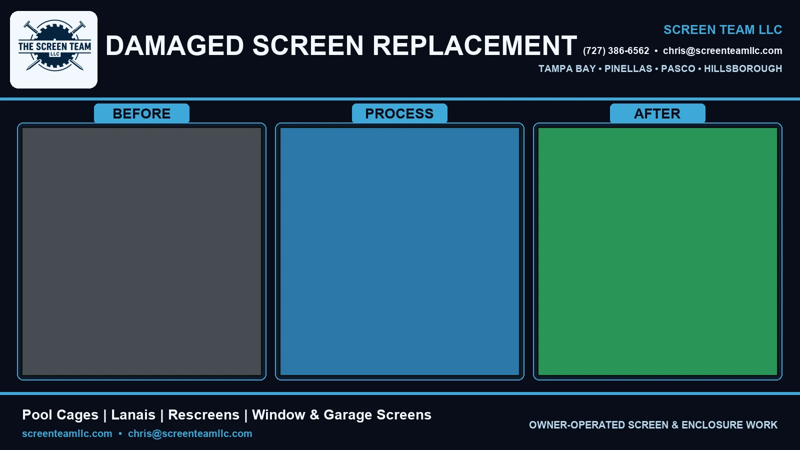 Damaged Screen Replacement before process and after project by Screen Team LLC