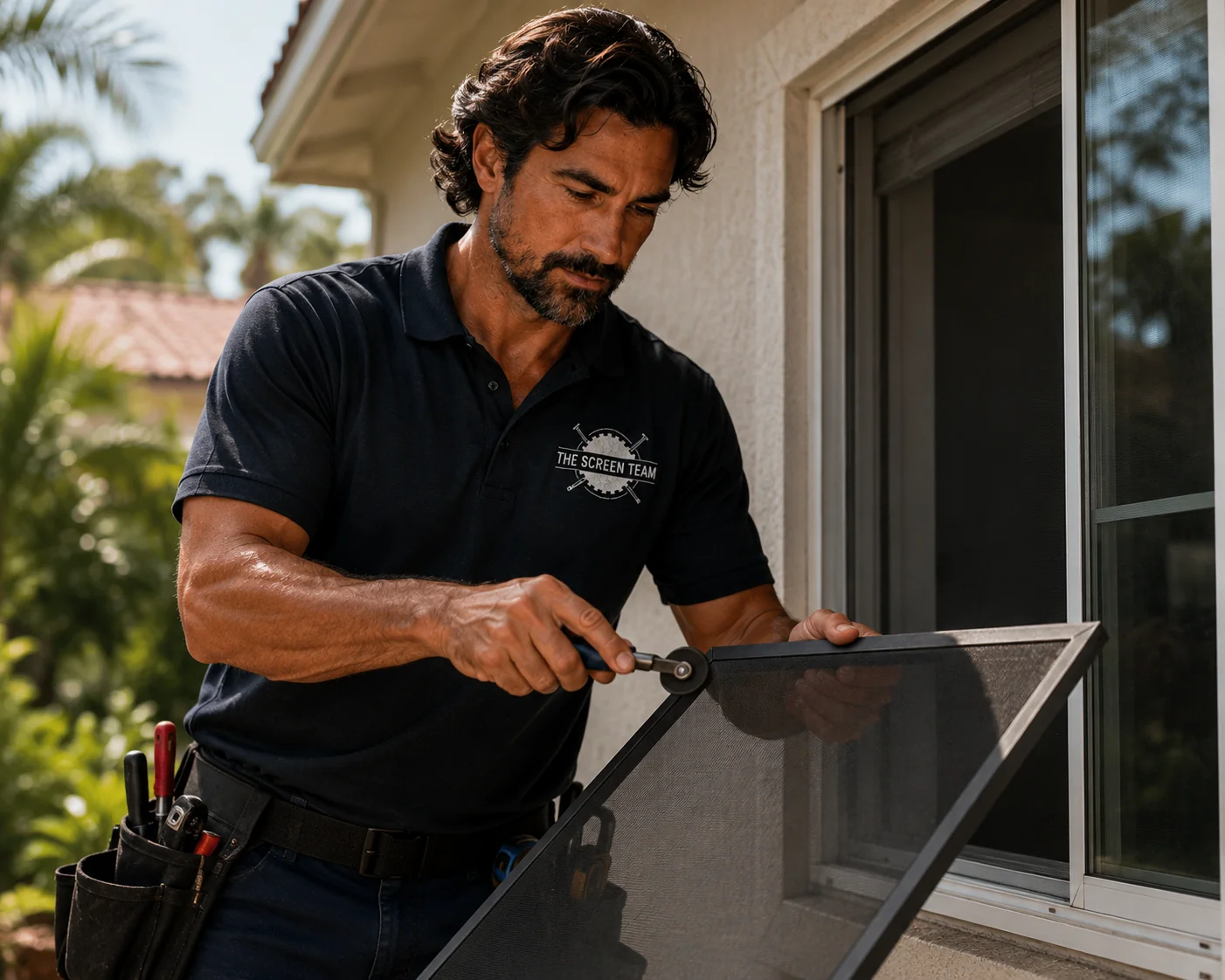 Window screen replacement on residential home